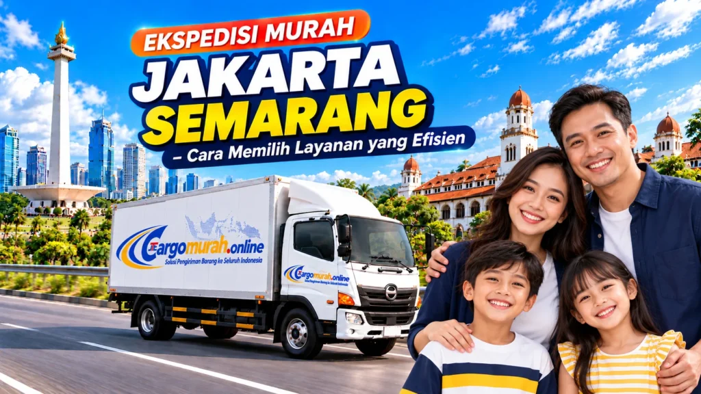 Ilustrasi truk Cargomurah.online dan keluarga ceria dengan latar Monas serta Lawang Sewu untuk ekspedisi Jakarta Semarang.